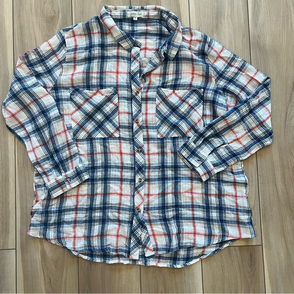 Grace & Lace Favorite Button Up in Denim Plaid - Denim Plaid / XL